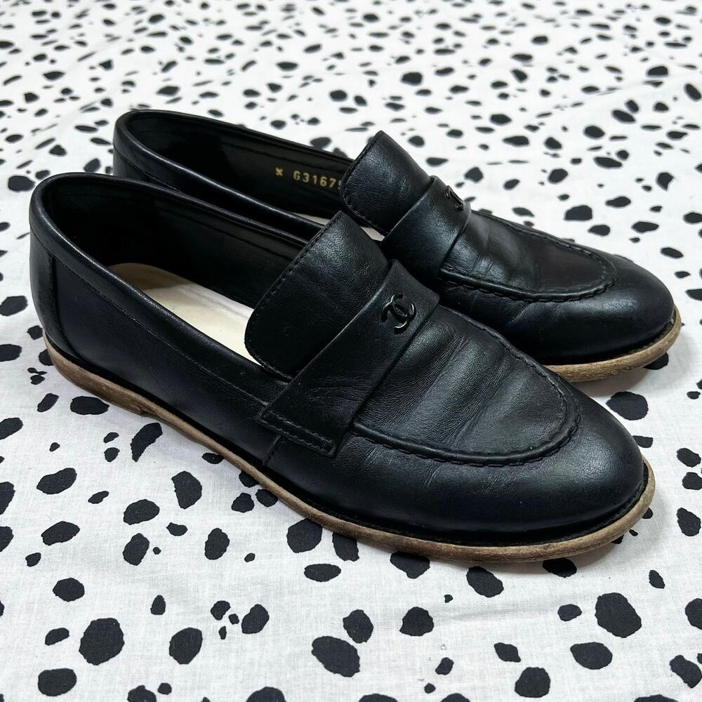 Chanel | Black Leather CC Logo Classic Penny Loafers Designer Flats Size 36 - Picture 9 of 9